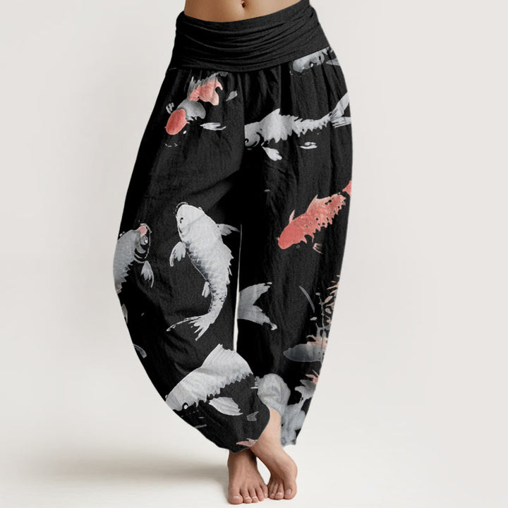 Buddha Stones Casual Koi Fish Pattern Damskie Spodnie Harem Elastyczna Talia