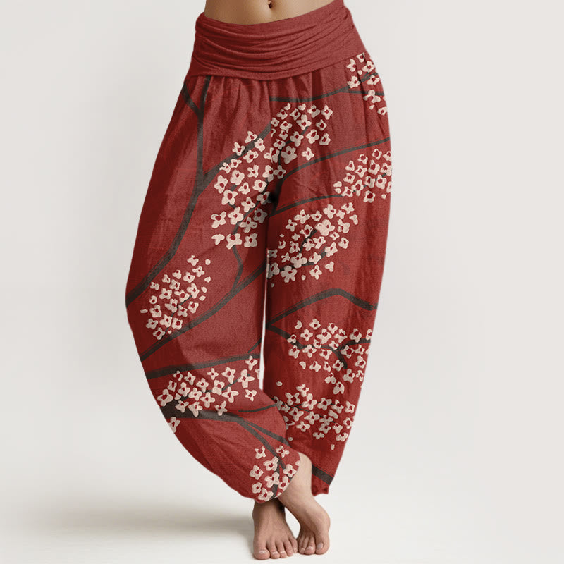 Spodnie haremowe damskie z elastycznym pasem i wzorem gałęzi kwiatu śliwki Buddha Stones Casual - Cegła ogniotrwała - US22, UK/AU26, EU54 (6XL) - image 1