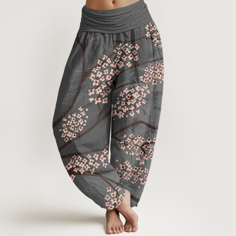 Spodnie haremowe damskie z elastycznym pasem i wzorem gałęzi kwiatu śliwki Buddha Stones Casual - DarkSlateGray - US22, UK/AU26, EU54 (6XL) - image 8