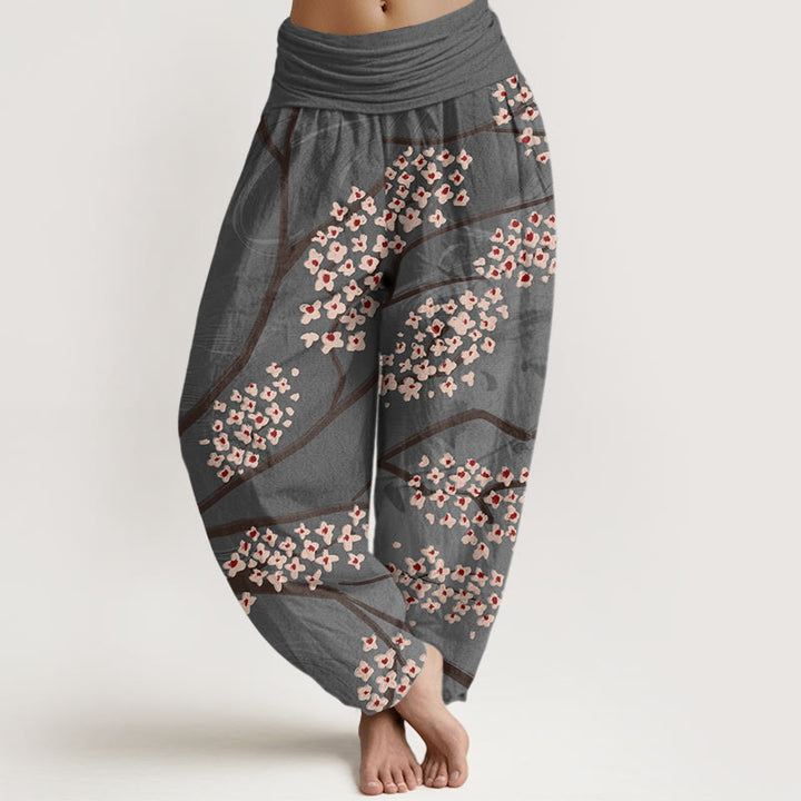 Spodnie haremowe damskie z elastycznym pasem i wzorem gałęzi kwiatu śliwki Buddha Stones Casual - DarkSlateGray - US22, UK/AU26, EU54 (6XL) - image 8