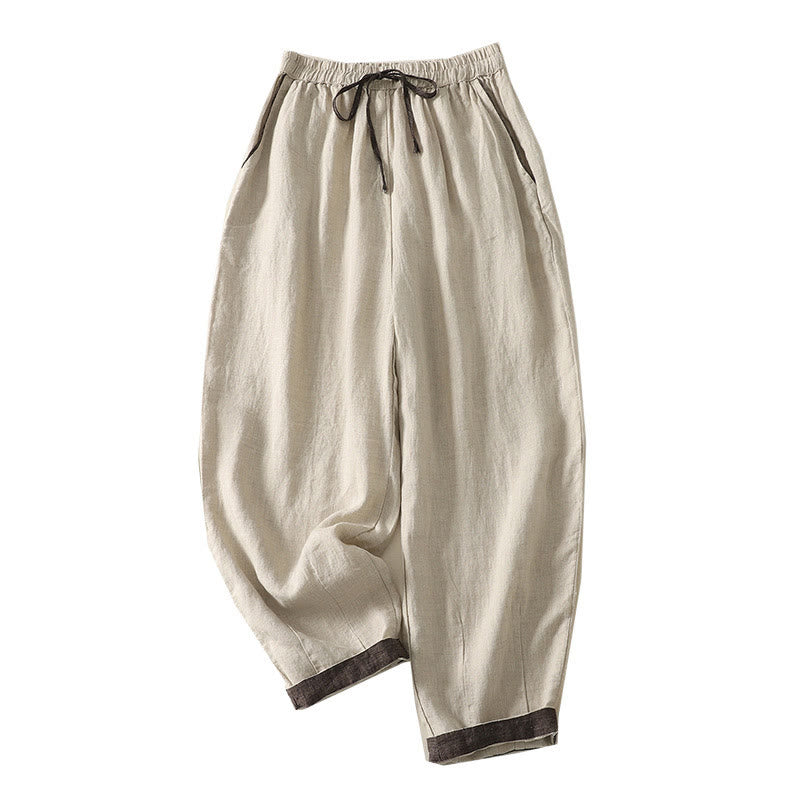 Buddha Stones Letnie swobodne czyste kolory ściągacz 9 długości bawełna len damskie spodnie haremowe z kieszeniami - image 9