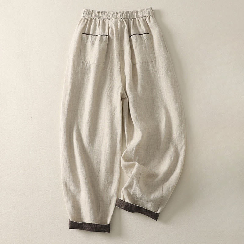 Buddha Stones Letnie swobodne czyste kolory ściągacz 9 długości bawełna len damskie spodnie haremowe z kieszeniami - image 1