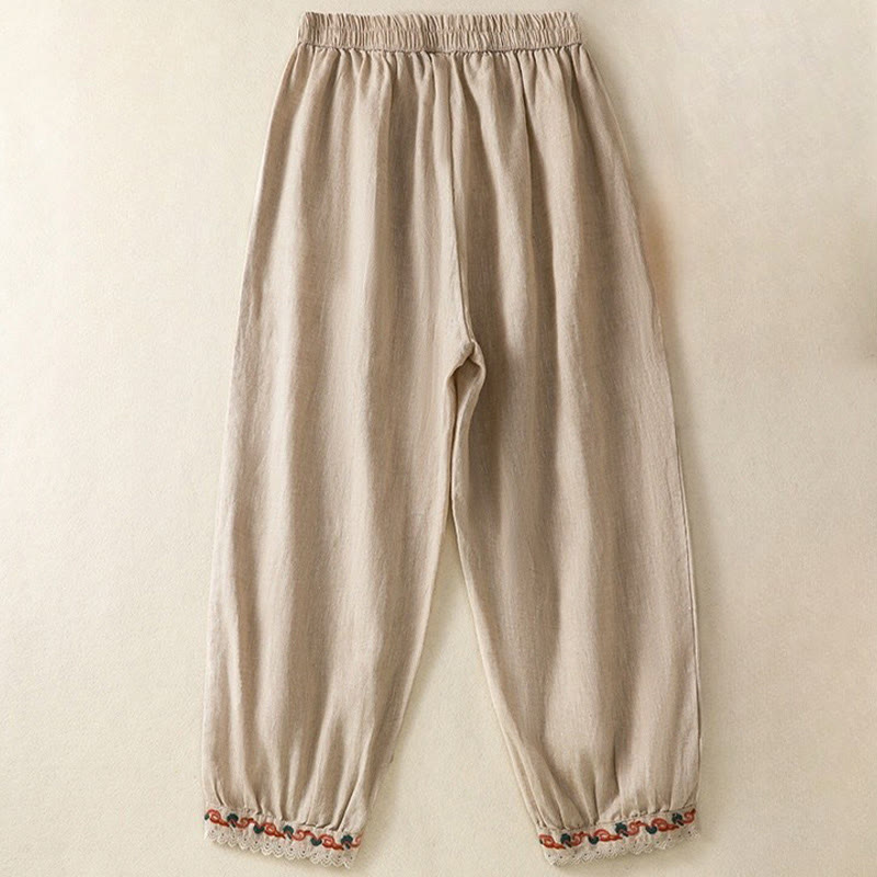 Buddha Stones Casualowe Gładkie Koronkowe Boczne Wzory 7-8 Długość Bawełna Lniane Damskie Spodnie Harem Z Kieszeniami - image 1