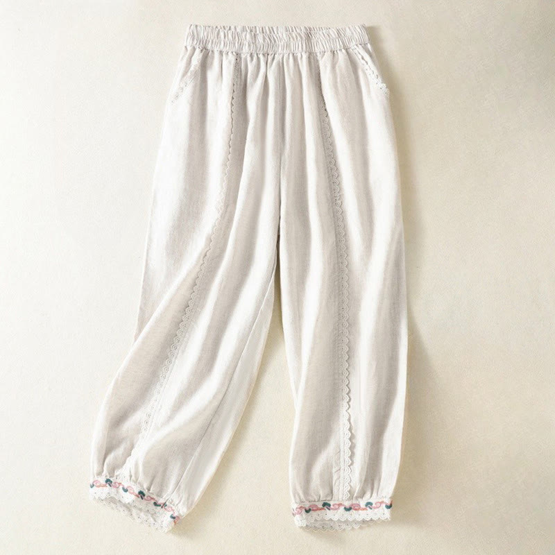 Buddha Stones Casualowe Gładkie Koronkowe Boczne Wzory 7-8 Długość Bawełna Lniane Damskie Spodnie Harem Z Kieszeniami - image 17