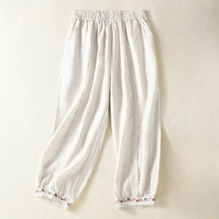 Buddha Stones Casualowe Gładkie Koronkowe Boczne Wzory 7-8 Długość Bawełna Lniane Damskie Spodnie Harem Z Kieszeniami - image 17