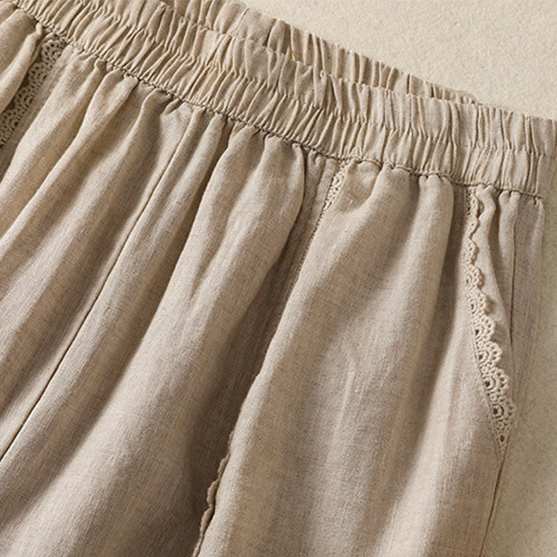 Buddha Stones Casualowe Gładkie Koronkowe Boczne Wzory 7-8 Długość Bawełna Lniane Damskie Spodnie Harem Z Kieszeniami - image 2