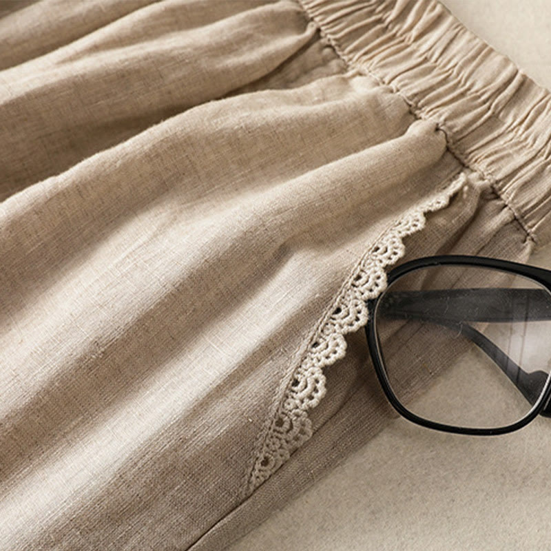 Buddha Stones Casualowe Gładkie Koronkowe Boczne Wzory 7-8 Długość Bawełna Lniane Damskie Spodnie Harem Z Kieszeniami - image 4