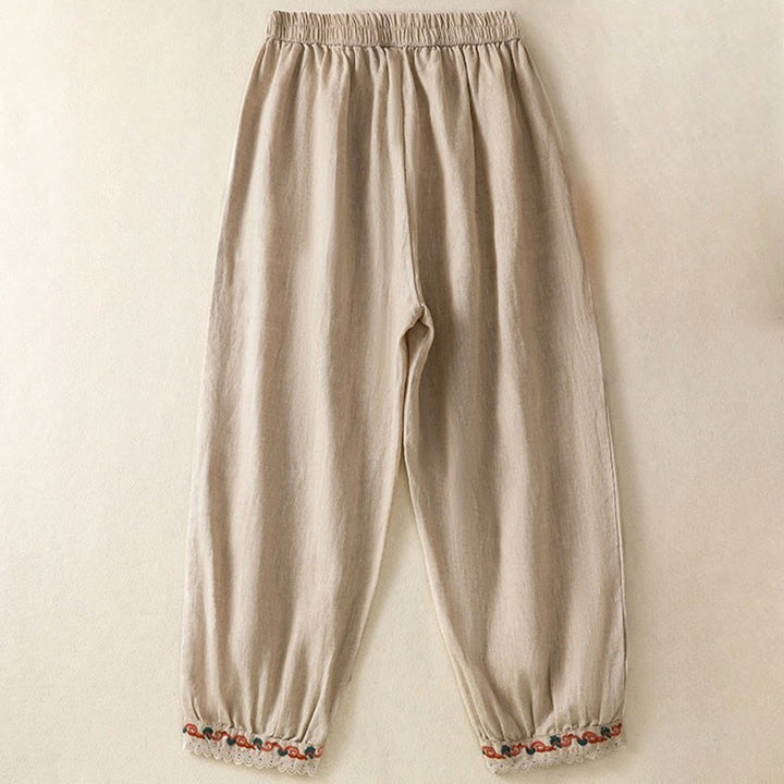 Buddha Stones Casualowe Gładkie Koronkowe Boczne Wzory 7-8 Długość Bawełna Lniane Damskie Spodnie Harem Z Kieszeniami - image 1