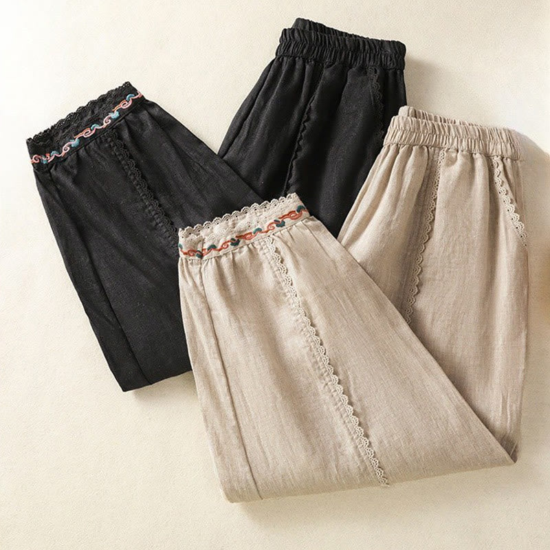 Buddha Stones Casualowe Gładkie Koronkowe Boczne Wzory 7-8 Długość Bawełna Lniane Damskie Spodnie Harem Z Kieszeniami - image 32