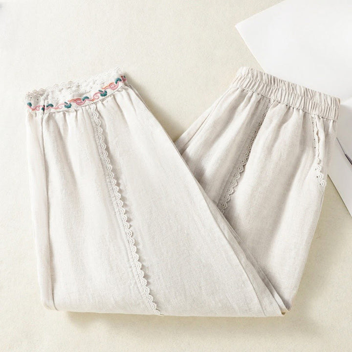 Buddha Stones Casualowe Gładkie Koronkowe Boczne Wzory 7-8 Długość Bawełna Lniane Damskie Spodnie Harem Z Kieszeniami - Beżowy - US8-10，UK/AU12-14，EU40-42 (2XL) - image 16
