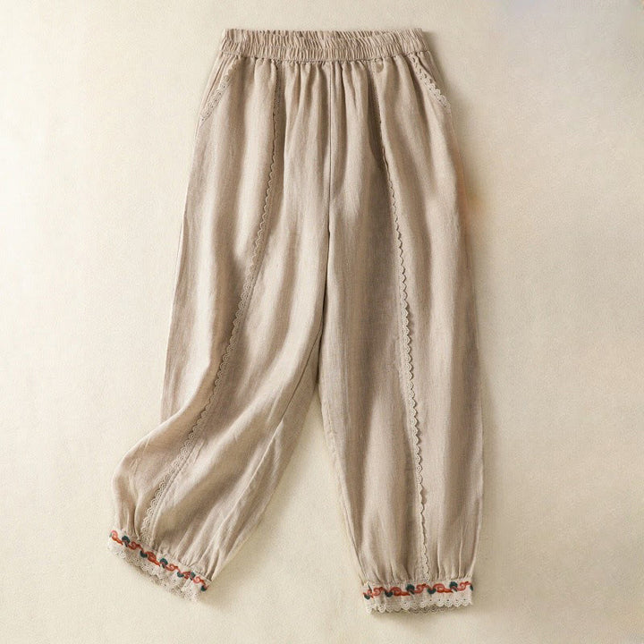 Buddha Stones Casualowe Gładkie Koronkowe Boczne Wzory 7-8 Długość Bawełna Lniane Damskie Spodnie Harem Z Kieszeniami - Blada nawłoć - US8-10，UK/AU12-14，EU40-42 (2XL) - image 0