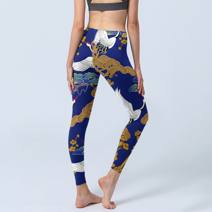 Buddha Stones Latający Czerwony Żuraw Mandżurski Sosna Kwiat Wzór Nadruk Leginsy Siłownia Damskie Spodnie Do Jogi - image 4