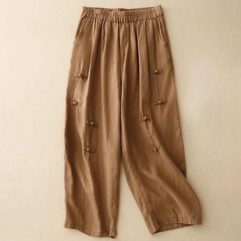 Buddha Stones Casualowe Gładkie Żabki-Guziki Projekt 7-8 Długość Bawełna Lniane Damskie Spodnie Harem Z Kieszeniami - Peru - US8-10，UK/AU12-14，EU40-42 (2XL) - image 0