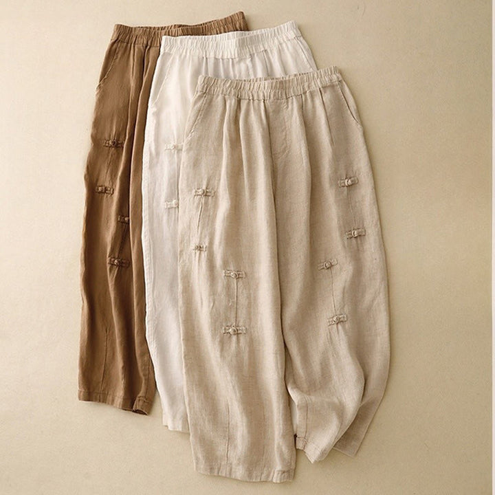 Buddha Stones Casualowe Gładkie Żabki-Guziki Projekt 7-8 Długość Bawełna Lniane Damskie Spodnie Harem Z Kieszeniami - image 17