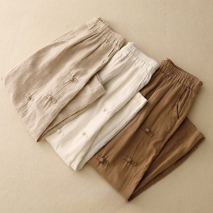 Buddha Stones Casualowe Gładkie Żabki-Guziki Projekt 7-8 Długość Bawełna Lniane Damskie Spodnie Harem Z Kieszeniami - image 18