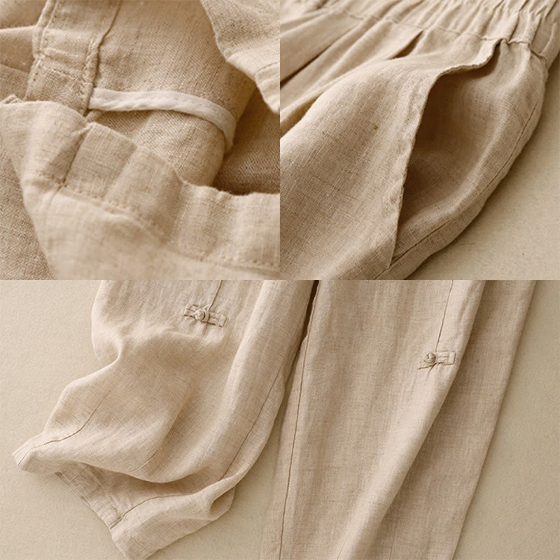 Buddha Stones Casualowe Gładkie Żabki-Guziki Projekt 7-8 Długość Bawełna Lniane Damskie Spodnie Harem Z Kieszeniami - image 15