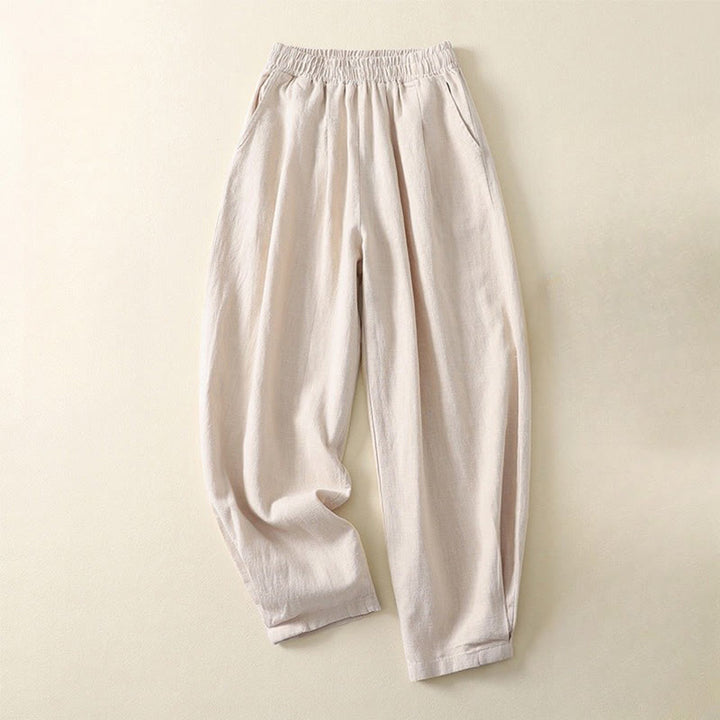 Spodnie damskie z kieszeniami, elastyczne, bawełniane i lniane, z Buddha Stones Commute w jednolitym kolorze - Beżowy - US8-10，UK/AU12-14，EU40-42 (2XL) - image 0