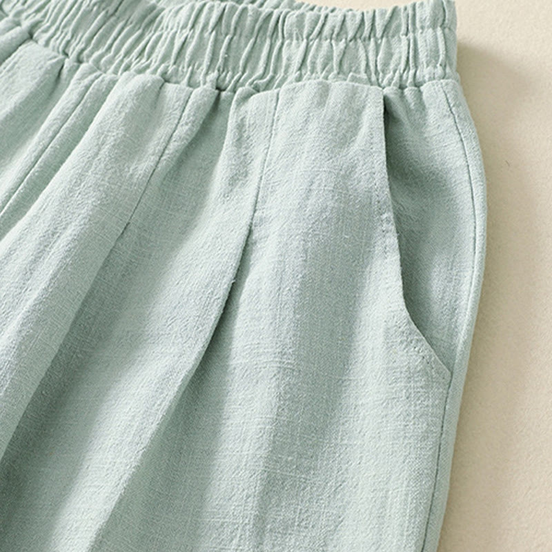 Spodnie damskie z kieszeniami, elastyczne, bawełniane i lniane, z Buddha Stones Commute w jednolitym kolorze - image 16