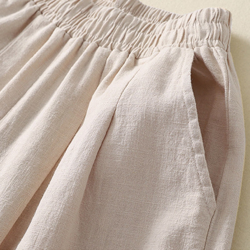 Spodnie damskie z kieszeniami, elastyczne, bawełniane i lniane, z Buddha Stones Commute w jednolitym kolorze - image 2