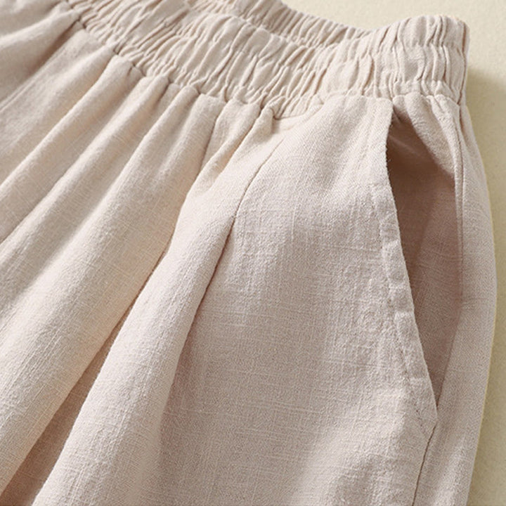 Spodnie damskie z kieszeniami, elastyczne, bawełniane i lniane, z Buddha Stones Commute w jednolitym kolorze - image 2