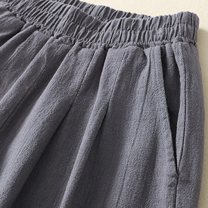 Spodnie damskie z kieszeniami, elastyczne, bawełniane i lniane, z Buddha Stones Commute w jednolitym kolorze - image 7