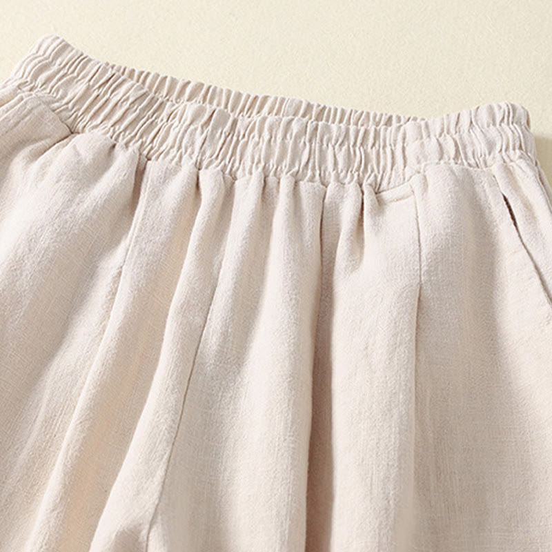 Spodnie damskie z kieszeniami, elastyczne, bawełniane i lniane, z Buddha Stones Commute w jednolitym kolorze - image 5