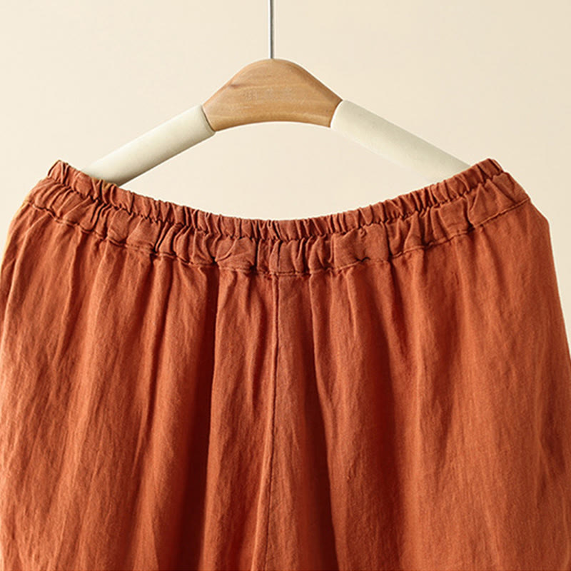 Buddha Stones Casual Gładkie Zmarszczki Projekt Ściągacz 9 Długość Bawełna Lniane Damskie Szerokie Nogawki Spodnie Z Kieszeniami - image 5