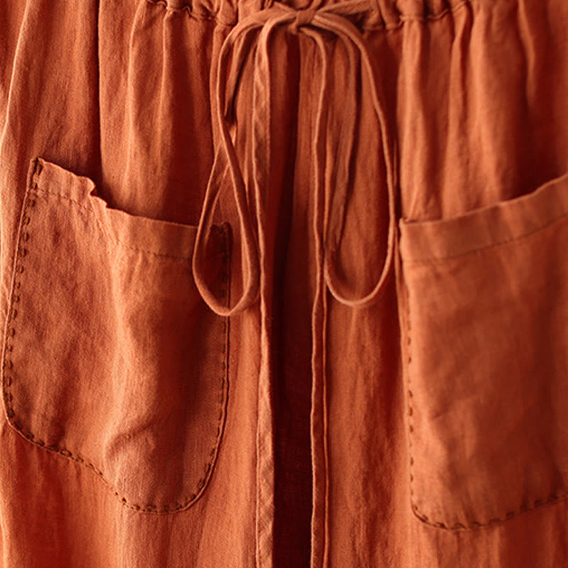 Buddha Stones Casual Gładkie Zmarszczki Projekt Ściągacz 9 Długość Bawełna Lniane Damskie Szerokie Nogawki Spodnie Z Kieszeniami - image 4