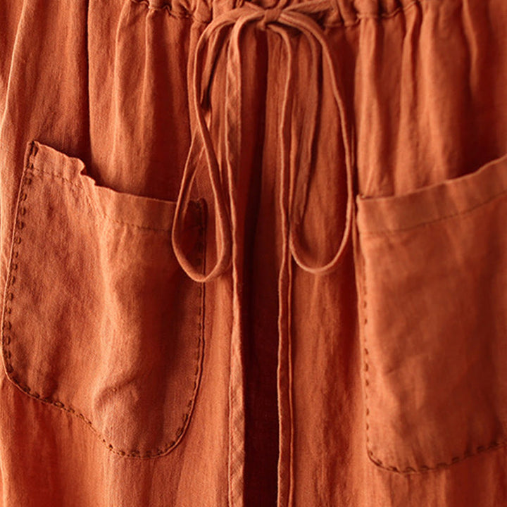 Buddha Stones Casual Gładkie Zmarszczki Projekt Ściągacz 9 Długość Bawełna Lniane Damskie Szerokie Nogawki Spodnie Z Kieszeniami - image 4