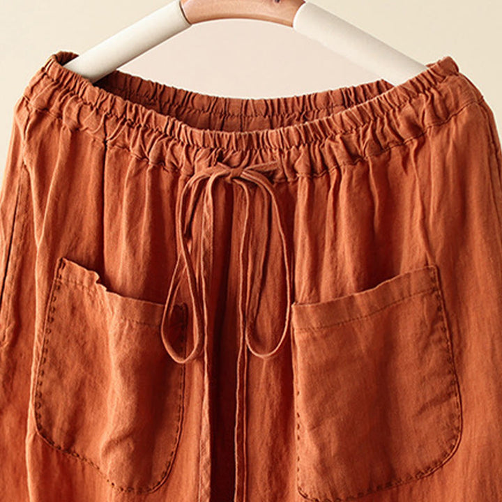 Buddha Stones Casual Gładkie Zmarszczki Projekt Ściągacz 9 Długość Bawełna Lniane Damskie Szerokie Nogawki Spodnie Z Kieszeniami - image 2