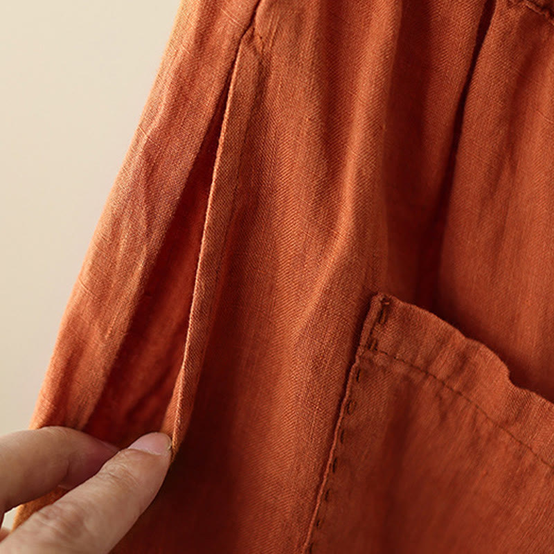 Buddha Stones Casual Gładkie Zmarszczki Projekt Ściągacz 9 Długość Bawełna Lniane Damskie Szerokie Nogawki Spodnie Z Kieszeniami - image 10