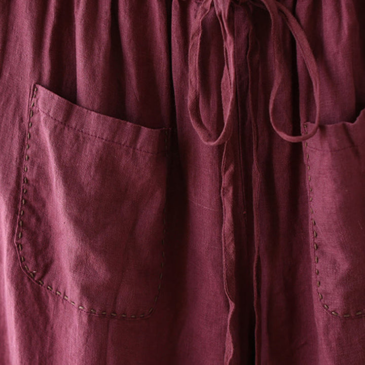 Buddha Stones Casual Gładkie Zmarszczki Projekt Ściągacz 9 Długość Bawełna Lniane Damskie Szerokie Nogawki Spodnie Z Kieszeniami - image 15