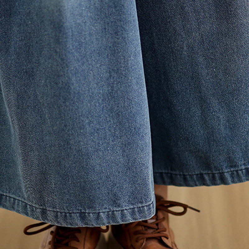 Buddha Stones Jesień Vintage Zniszczony Projekt Wysoki Stan Damskie Szerokie Spodnie Nogawki Z Kieszeniami - image 9