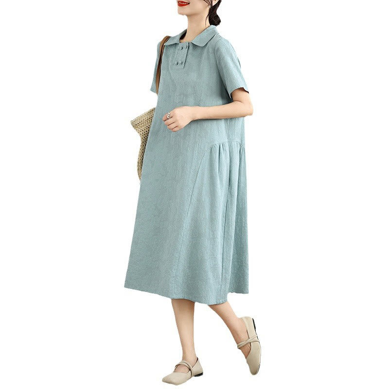 Sukienka midi z krótkim rękawem z bawełny i lnu Buddha Stones w prostym żakardowym wzorze i kieszeniami - image 21