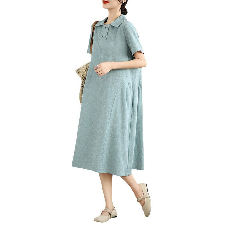 Sukienka midi z krótkim rękawem z bawełny i lnu Buddha Stones w prostym żakardowym wzorze i kieszeniami - image 21