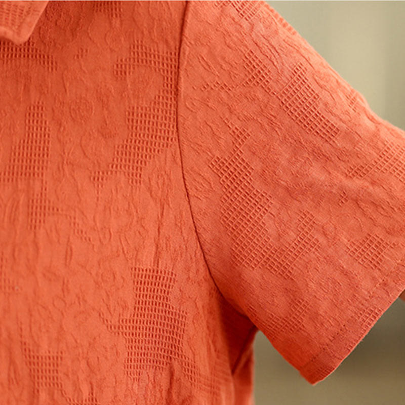 Sukienka midi z krótkim rękawem z bawełny i lnu Buddha Stones w prostym żakardowym wzorze i kieszeniami - image 7