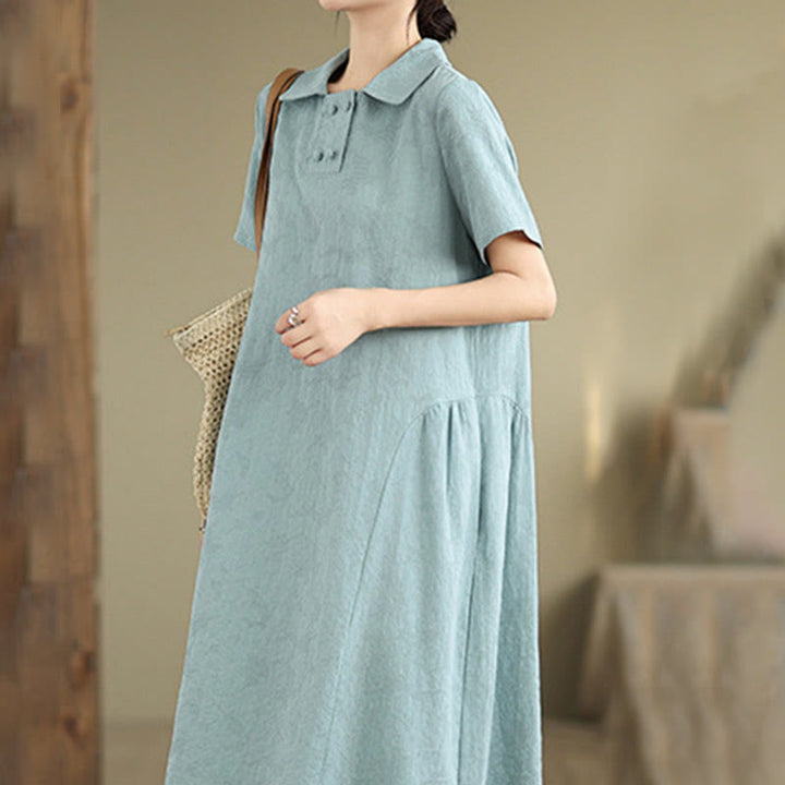 Sukienka midi z krótkim rękawem z bawełny i lnu Buddha Stones w prostym żakardowym wzorze i kieszeniami - Turkus - US8-10，UK/AU12-14，EU40-42 (2XL) - image 15