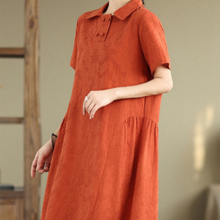 Sukienka midi z krótkim rękawem z bawełny i lnu Buddha Stones w prostym żakardowym wzorze i kieszeniami - image 4