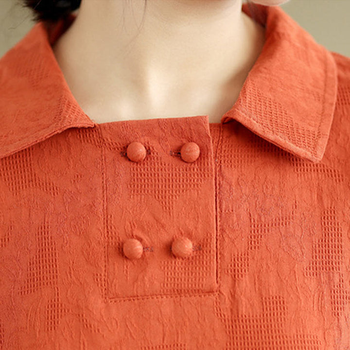 Sukienka midi z krótkim rękawem z bawełny i lnu Buddha Stones w prostym żakardowym wzorze i kieszeniami - image 6