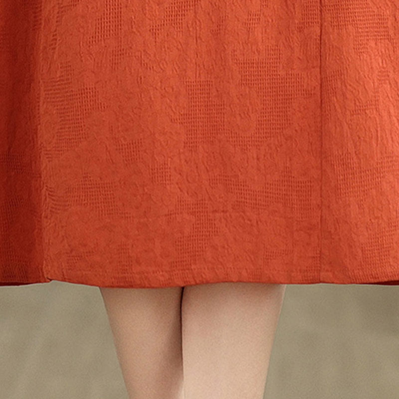 Sukienka midi z krótkim rękawem z bawełny i lnu Buddha Stones w prostym żakardowym wzorze i kieszeniami - image 8