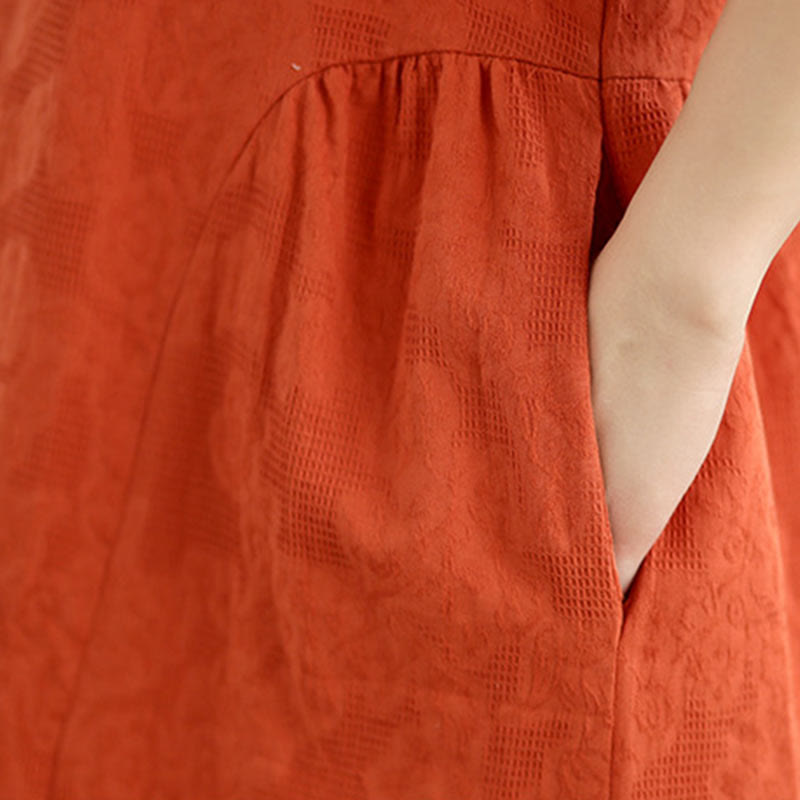 Sukienka midi z krótkim rękawem z bawełny i lnu Buddha Stones w prostym żakardowym wzorze i kieszeniami - image 9