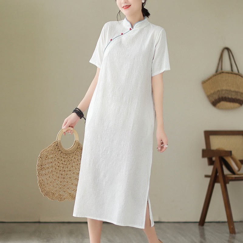 Sukienka midi Qipao z krótkim rękawem i żakardem w kolorze Buddha Stones w stylu chińskim Cheongsam z kieszeniami - Biały - US8-10，UK/AU12-14，EU40-42 (2XL) - image 1