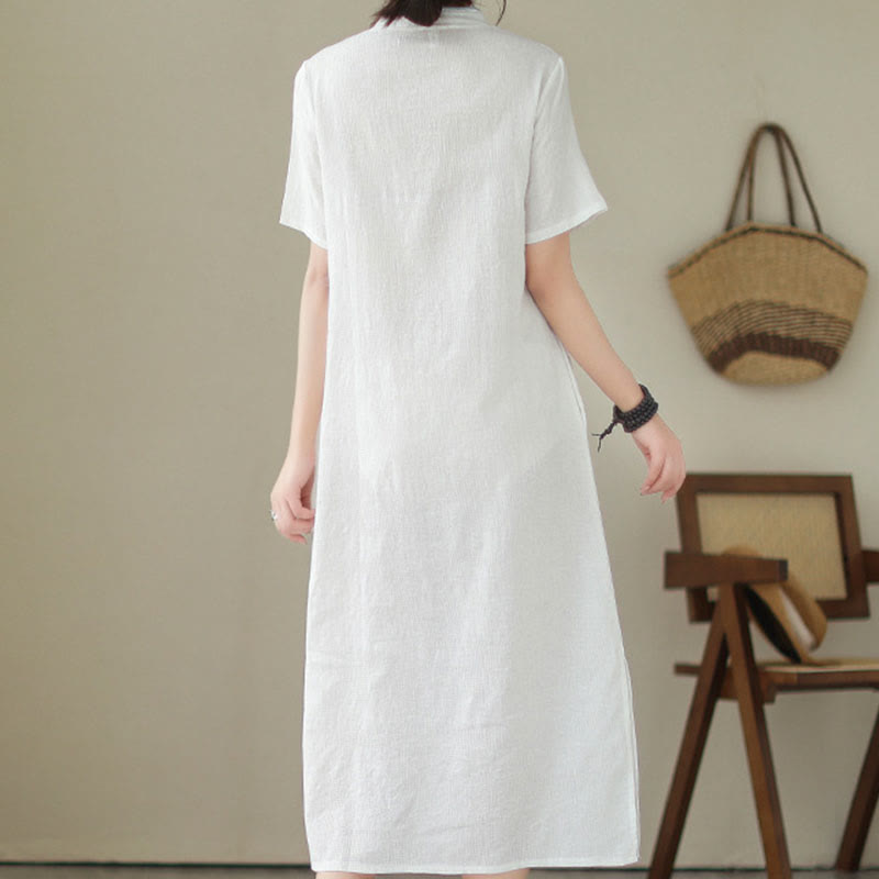 Sukienka midi Qipao z krótkim rękawem i żakardem w kolorze Buddha Stones w stylu chińskim Cheongsam z kieszeniami - image 1