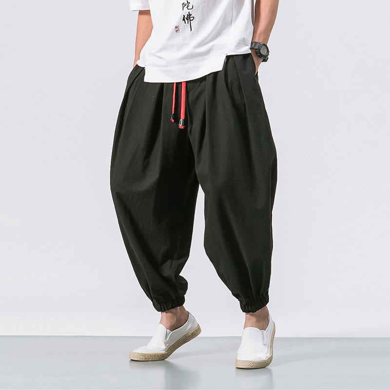 Spodnie sportowe męskie z bawełny w jednolitym kolorze, ściągane sznurkiem i kieszeniami, Buddha Stones Casual Sports - Czarny - US/UK/AU46， EU56 (5XL) - image 0