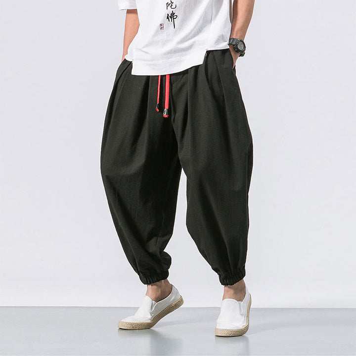 Spodnie sportowe męskie z bawełny w jednolitym kolorze, ściągane sznurkiem i kieszeniami, Buddha Stones Casual Sports - Czarny - US/UK/AU46， EU56 (5XL) - image 0