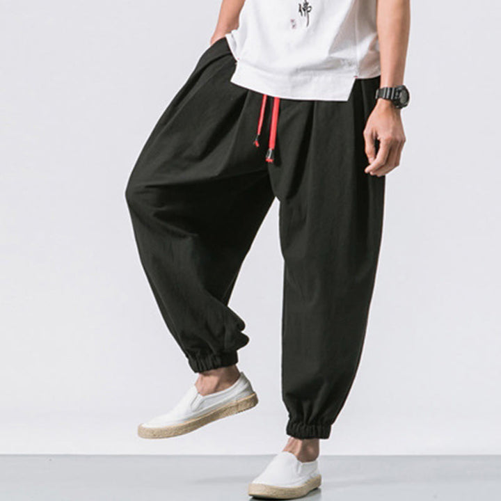 Spodnie sportowe męskie z bawełny w jednolitym kolorze, ściągane sznurkiem i kieszeniami, Buddha Stones Casual Sports - image 9