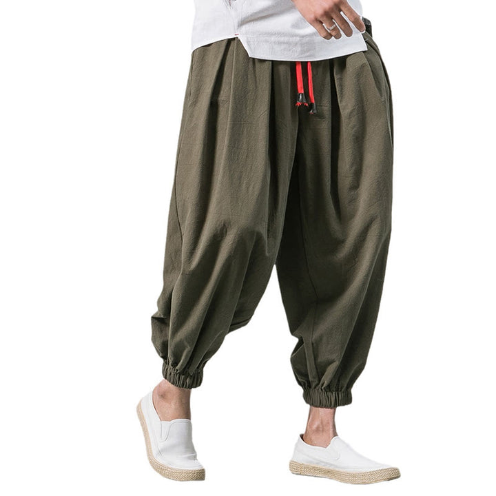 Spodnie sportowe męskie z bawełny i lnu w jednolitym kolorze, ściągane sznurkiem i kieszeniami, Buddha Stones Casual Sports
