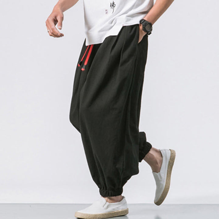 Spodnie sportowe męskie z bawełny w jednolitym kolorze, ściągane sznurkiem i kieszeniami, Buddha Stones Casual Sports - image 3
