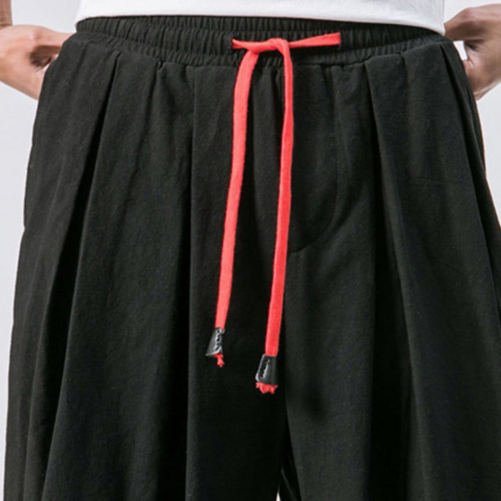Spodnie sportowe męskie z bawełny i lnu w jednolitym kolorze, ściągane sznurkiem i kieszeniami, Buddha Stones Casual Sports