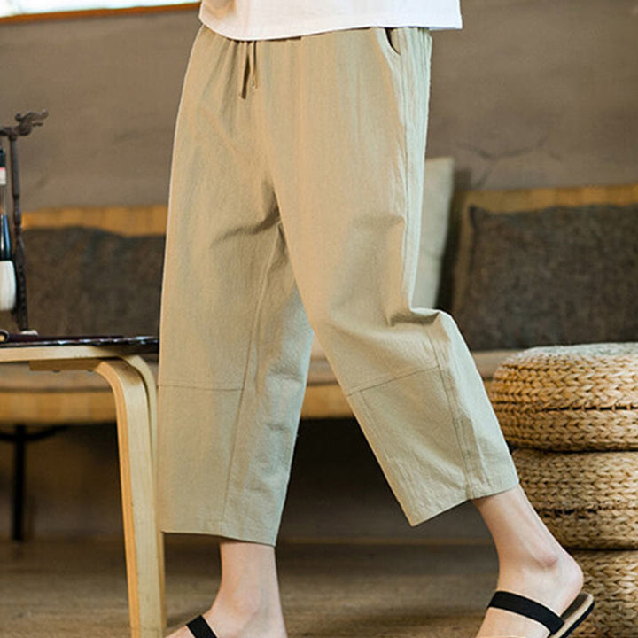 Buddha Stones Proste wzornictwo Ściągacz Bawełna Len Męskie Jednokolorowe Spodnie Harem Z Kieszeniami - image 6